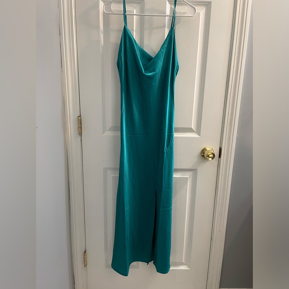 Medium turquoise cowl neck slit dress